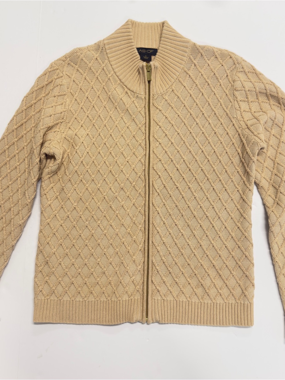 AS•DF Cream Knit Diamond Cable Zip-Front Cardigan Sweater Size Small